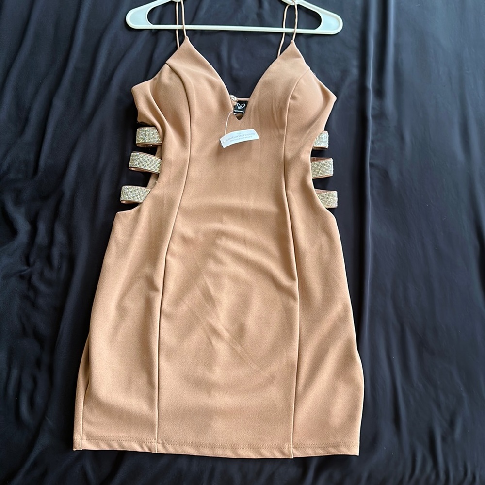 Windsor nude V Cut, Open, Embellished Side mini Dress
